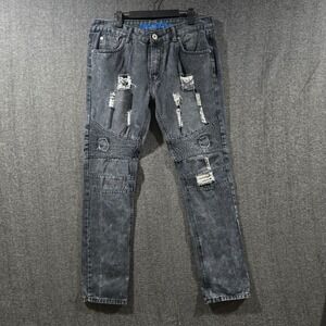 Trillnation Jeans Mens 36 X‎ 34 Moto Distressed Jeans Straight Leg Black Hip Hop